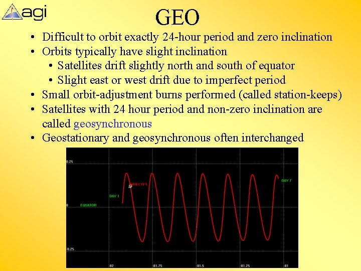 GEO • Difficult to orbit exactly 24 -hour period and zero inclination • Orbits