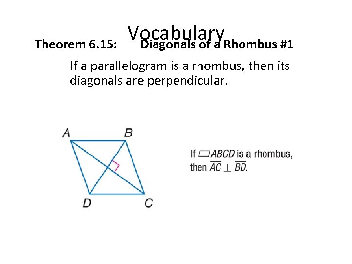Theorem 6. 15: Vocabulary Diagonals of a Rhombus #1 If a parallelogram is a