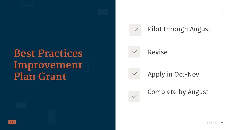 Pilot through August Best Practices Improvement Plan Grant Revise Apply in Oct-Nov Complete by