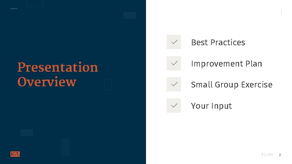 Best Practices Presentation Overview Improvement Plan Small Group Exercise Your Input SLIDE 2 