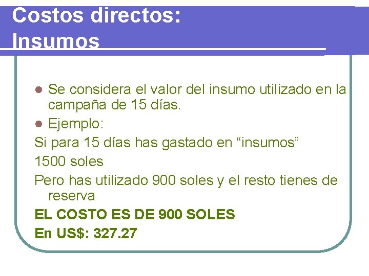 Costos directos: Insumos Se considera el valor del insumo utilizado en la campaña de