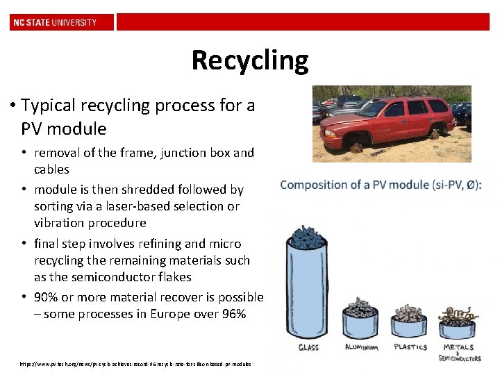 Recycling • Typical recycling process for a PV module • removal of the frame,
