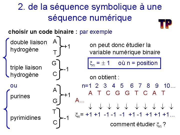 2. de la séquence symbolique à une séquence numérique choisir un code binaire :