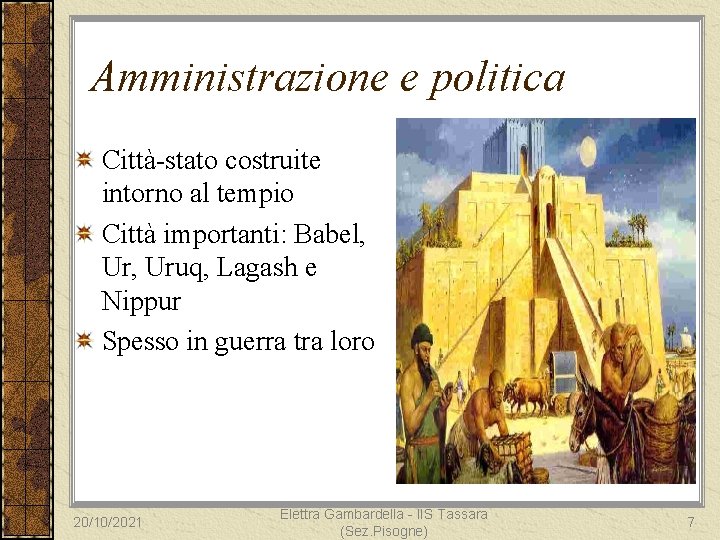 Amministrazione e politica Città-stato costruite intorno al tempio Città importanti: Babel, Uruq, Lagash e