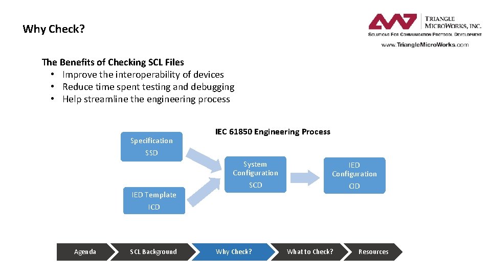 Why Check? The Benefits of Checking SCL Files • Improve the interoperability of devices Why Check? The Benefits of Checking SCL Files • Improve the interoperability of devices