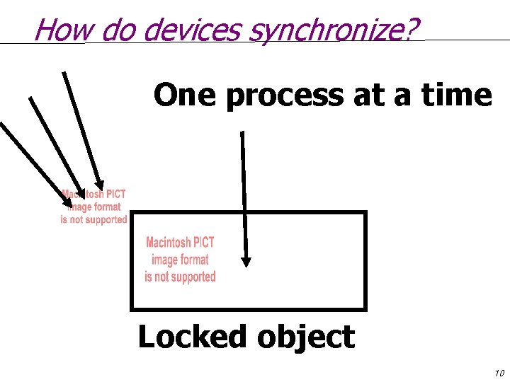 How do devices synchronize? One process at a time Locked object 10 