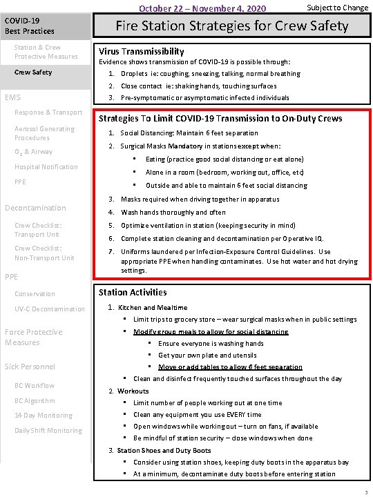 October 22 – November 4, 2020 COVID-19 Best Practices Station & Crew Protective Measures