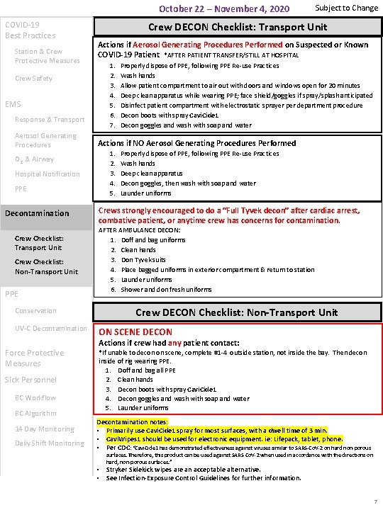 October 22 – November 4, 2020 COVID-19 Best Practices Station & Crew Protective Measures