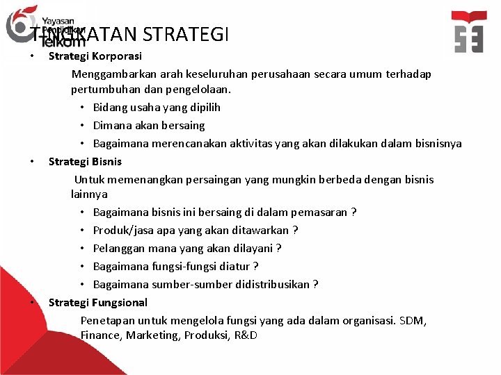 TINGKATAN STRATEGI • • • Strategi Korporasi Menggambarkan arah keseluruhan perusahaan secara umum terhadap