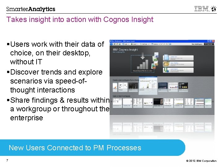 Takes insight into action with Cognos Insight Users work with their data of choice,