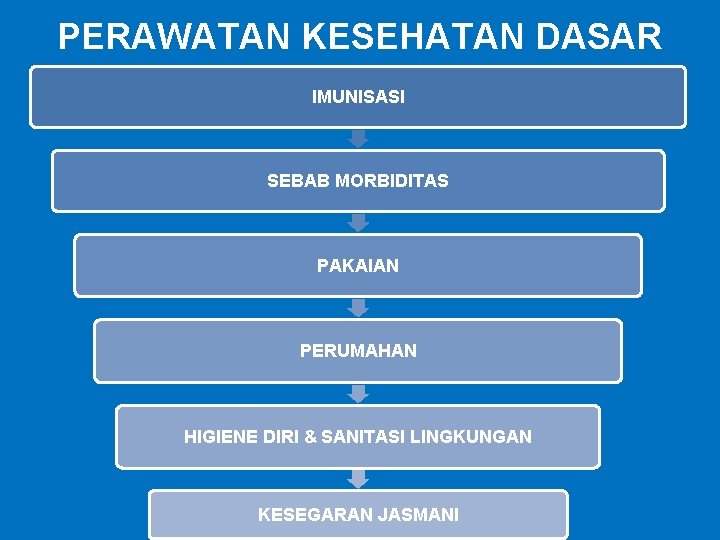 PERAWATAN KESEHATAN DASAR IMUNISASI SEBAB MORBIDITAS PAKAIAN PERUMAHAN HIGIENE DIRI & SANITASI LINGKUNGAN KESEGARAN