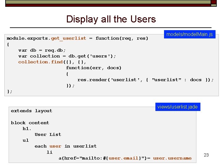 Display all the Users models/model. Main. js module. exports. get_userlist = function(req, res) {