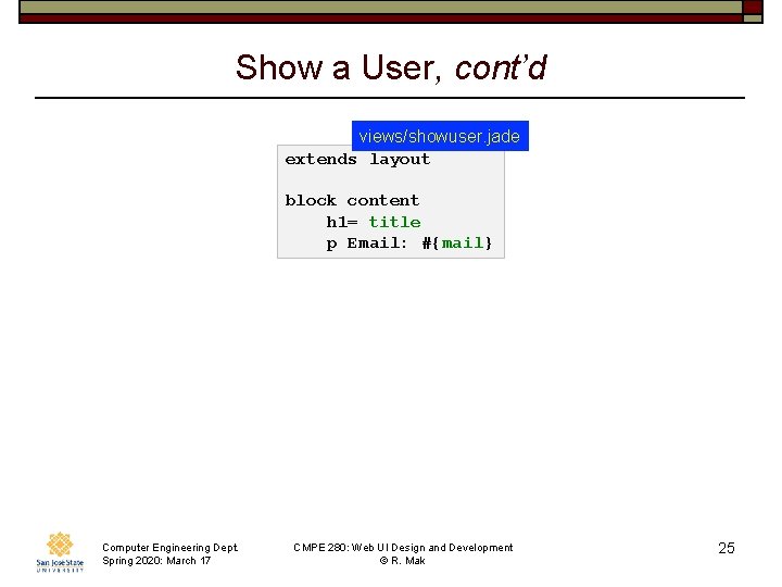 Show a User, cont’d views/showuser. jade extends layout block content h 1= title p
