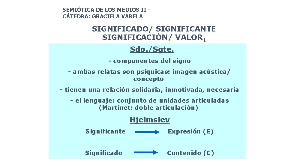 SEMIÓTICA DE LOS MEDIOS II CÁTEDRA: GRACIELA VARELA SIGNIFICADO/ SIGNIFICANTE SIGNIFICACIÓN/ VALOR 1 Sdo.