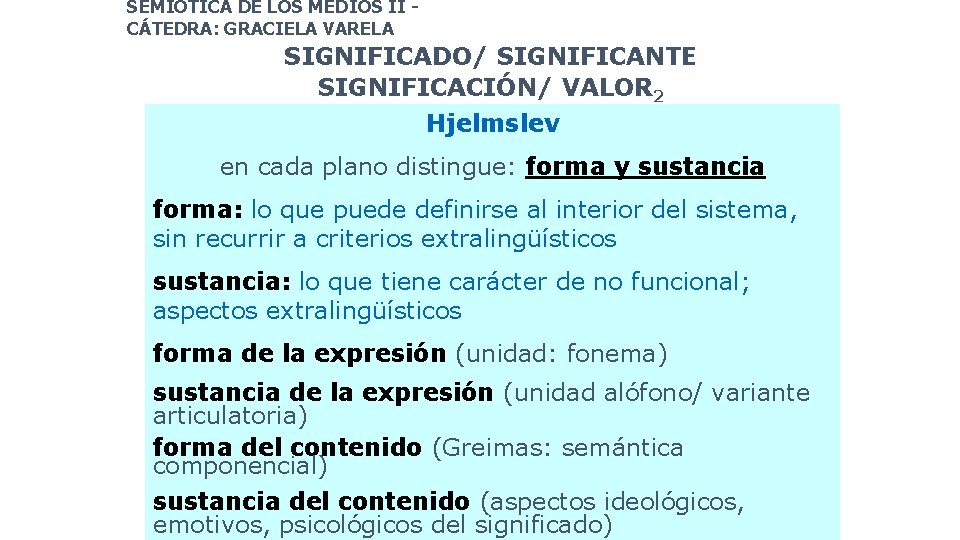 SEMIÓTICA DE LOS MEDIOS II CÁTEDRA: GRACIELA VARELA SIGNIFICADO/ SIGNIFICANTE SIGNIFICACIÓN/ VALOR 2 Hjelmslev