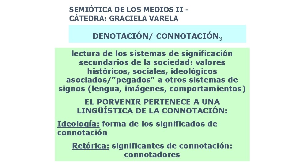 SEMIÓTICA DE LOS MEDIOS II CÁTEDRA: GRACIELA VARELA DENOTACIÓN/ CONNOTACIÓN 3 lectura de los