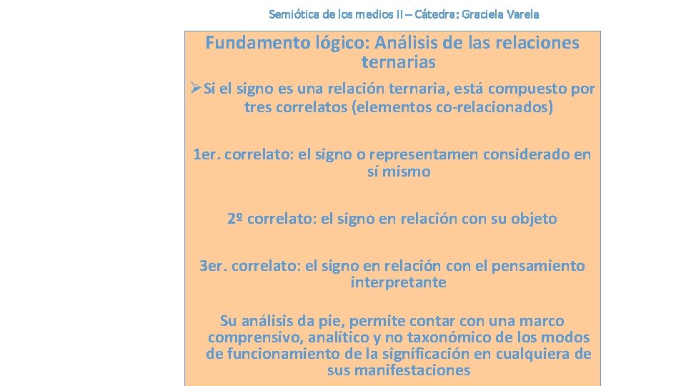 Semiótica de los medios II – Cátedra: Graciela Varela Fundamento lógico: Análisis de las