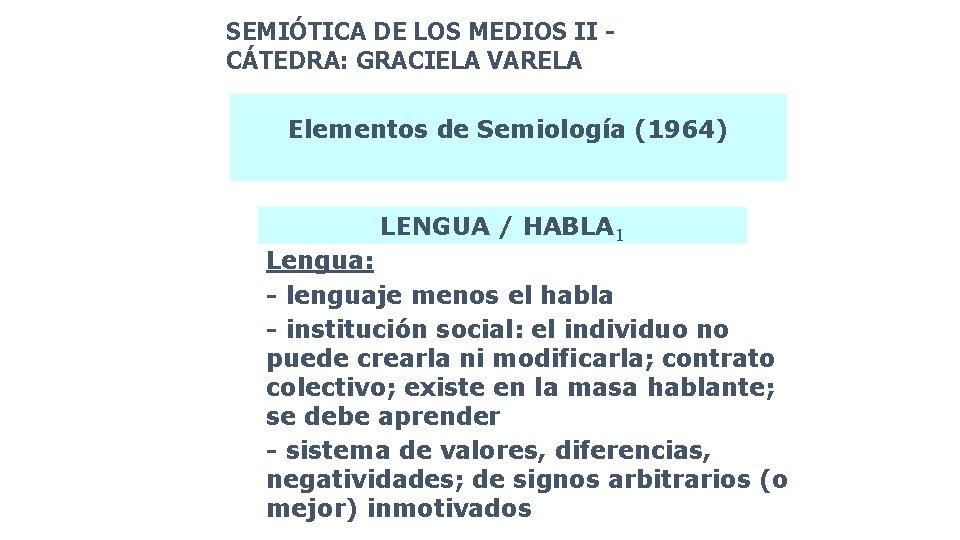 SEMIÓTICA DE LOS MEDIOS II CÁTEDRA: GRACIELA VARELA Elementos de Semiología (1964) LENGUA /