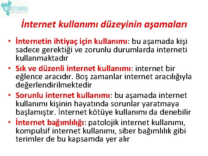 İnternet kullanımı düzeyinin aşamaları • İnternetin ihtiyaç için kullanımı: bu aşamada kişi sadece gerektiği