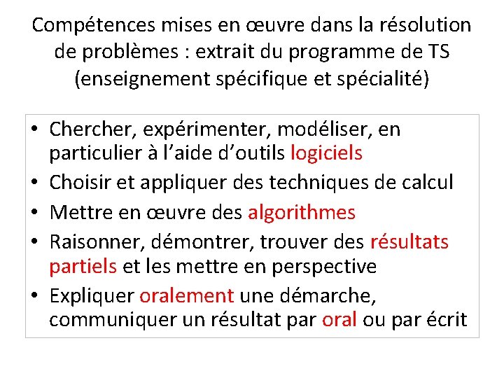 Compétences mises en œuvre dans la résolution de problèmes : extrait du programme de