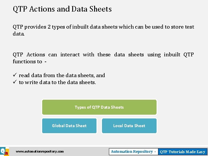 QTP Actions and Data Sheets QTP provides 2 types of inbuilt data sheets which
