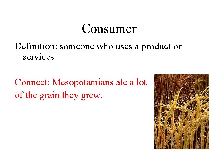 Consumer Definition: someone who uses a product or services Connect: Mesopotamians ate a lot