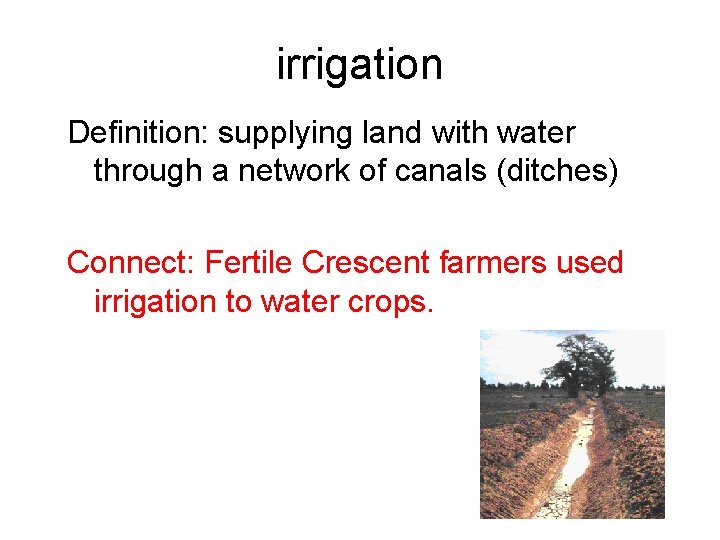 irrigation Definition: supplying land with water through a network of canals (ditches) Connect: Fertile