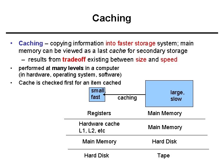 Caching • Caching – copying information into faster storage system; main memory can be