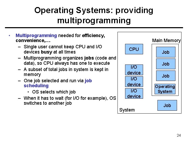 Operating Systems: providing multiprogramming • Multiprogramming needed for efficiency, convenience, … – Single user