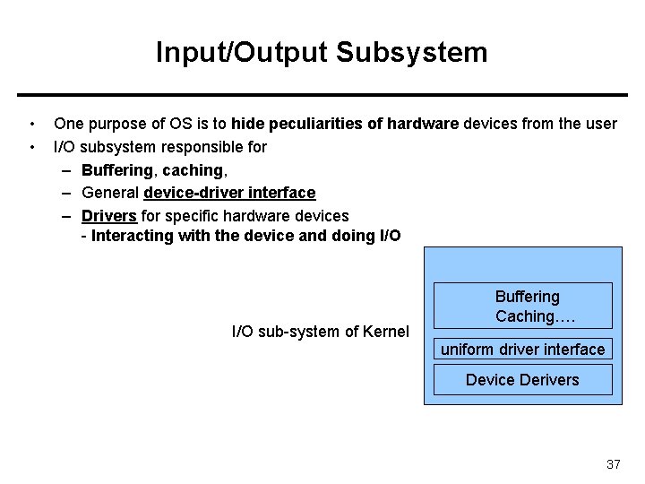 Input/Output Subsystem • • One purpose of OS is to hide peculiarities of hardware