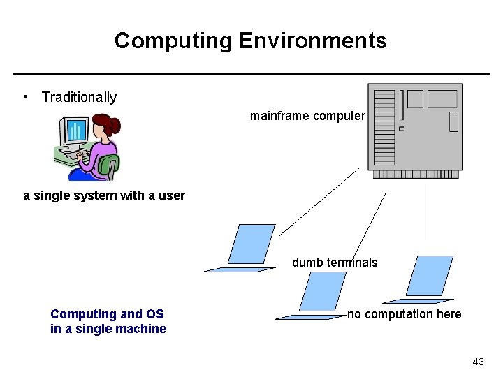Computing Environments • Traditionally mainframe computer a single system with a user dumb terminals