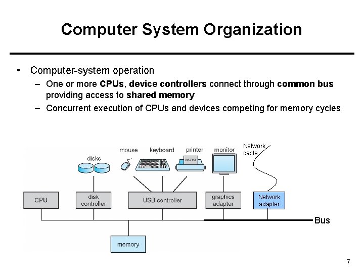 Computer System Organization • Computer-system operation – One or more CPUs, device controllers connect