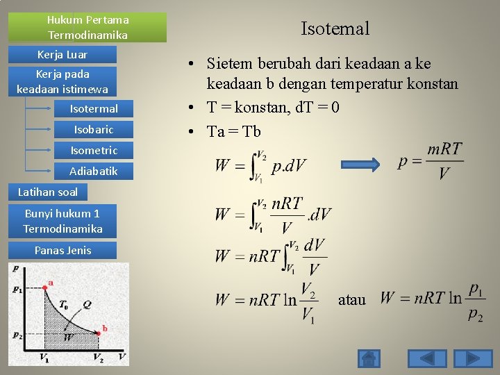 Hukum Pertama Termodinamika Kerja Luar Kerja pada keadaan istimewa Isotermal Isobaric Isotemal • Sietem