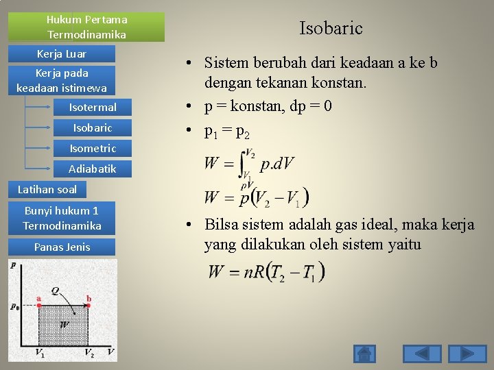 Hukum Pertama Termodinamika Kerja Luar Kerja pada keadaan istimewa Isotermal Isobaric Isometric Isobaric •