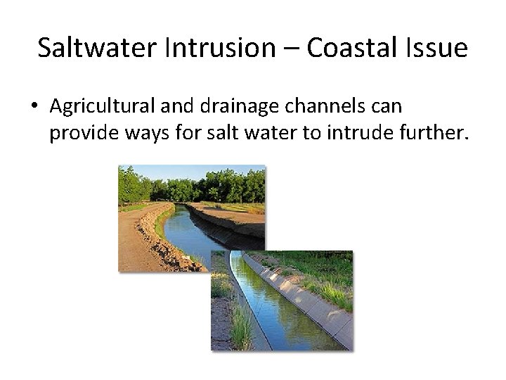 Saltwater Intrusion – Coastal Issue • Agricultural and drainage channels can provide ways for