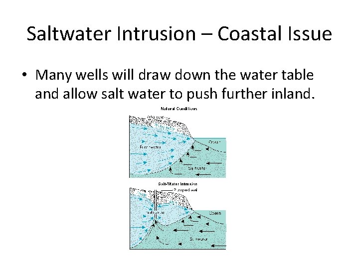 Saltwater Intrusion – Coastal Issue • Many wells will draw down the water table