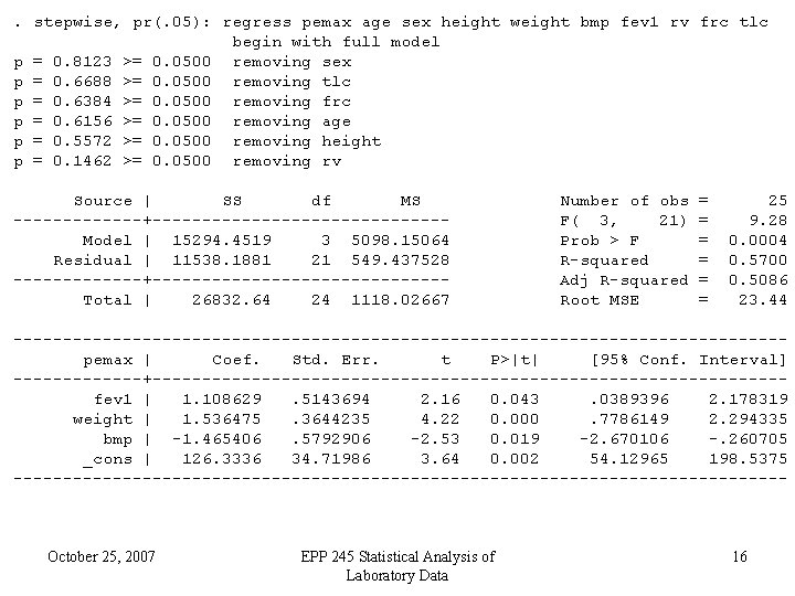 . stepwise, pr(. 05): regress pemax age sex height weight bmp fev 1 rv