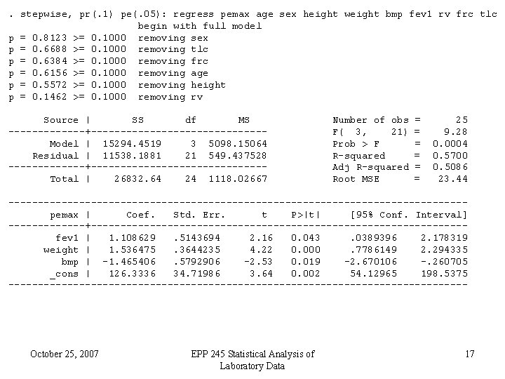 . stepwise, pr(. 1) pe(. 05): regress pemax age sex height weight bmp fev