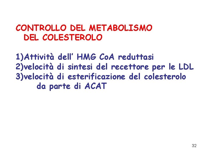 CONTROLLO DEL METABOLISMO DEL COLESTEROLO 1)Attività dell’ HMG Co. A reduttasi 2)velocità di sintesi