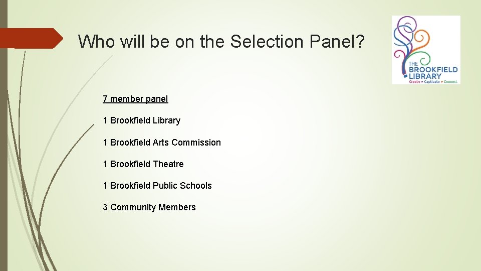 Who will be on the Selection Panel? 7 member panel 1 Brookfield Library 1