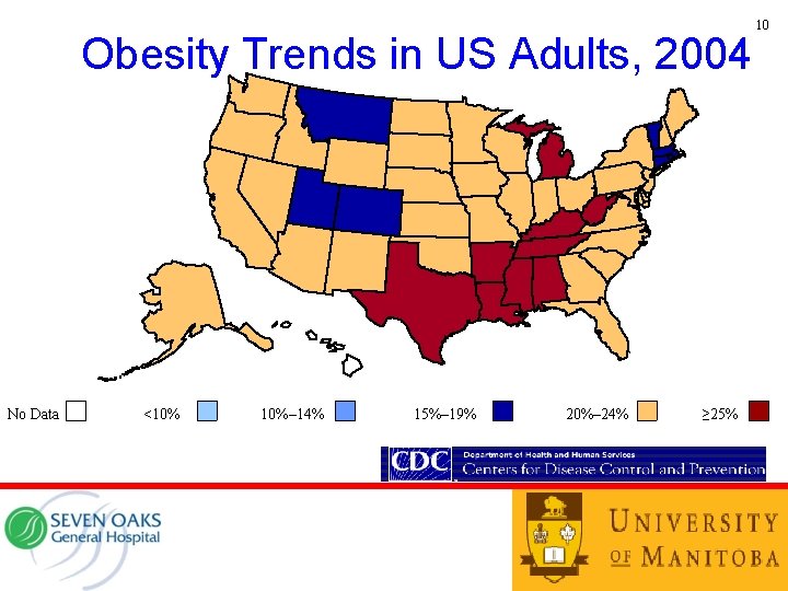 Obesity Trends in US Adults, 2004 No Data <10% 10%– 14% 15%– 19% 20%–