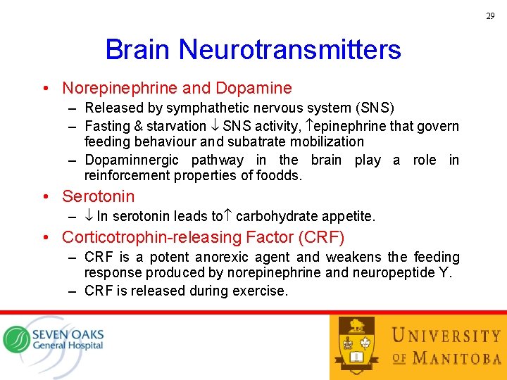 29 Brain Neurotransmitters • Norepinephrine and Dopamine – Released by symphathetic nervous system (SNS)