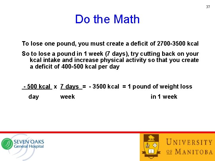 37 Do the Math To lose one pound, you must create a deficit of