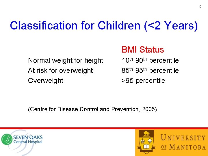 6 Classification for Children (<2 Years) BMI Status Normal weight for height At risk