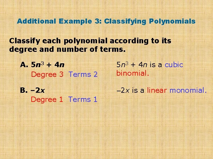 Additional Example 3: Classifying Polynomials Classify each polynomial according to its degree and number