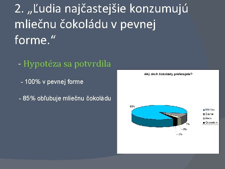 2. „Ľudia najčastejšie konzumujú mliečnu čokoládu v pevnej forme. “ - Hypotéza sa potvrdila