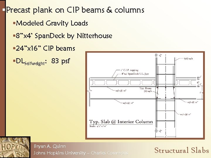 §Precast plank on CIP beams & columns §Modeled Gravity Loads § 8”x 4’ Span.