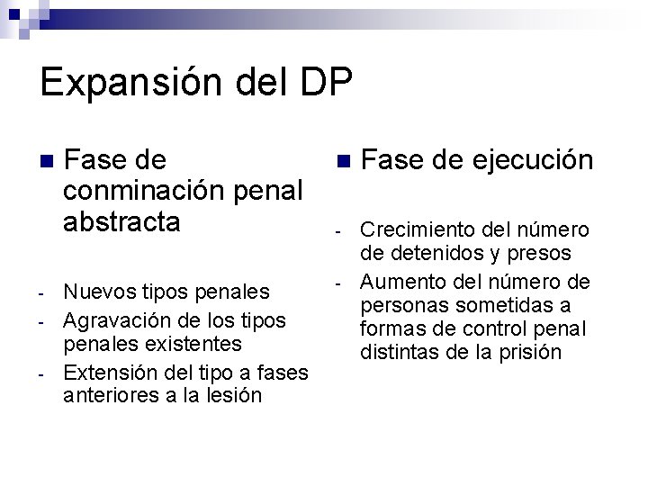 Expansión del DP n - Fase de conminación penal abstracta n Fase de ejecución