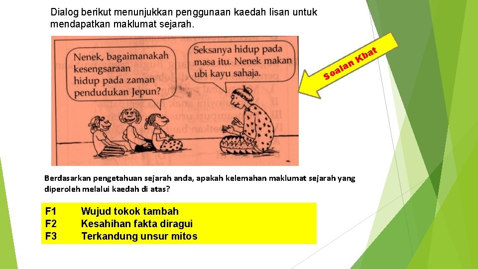 Dialog berikut menunjukkan penggunaan kaedah lisan untuk mendapatkan maklumat sejarah. n a l oa