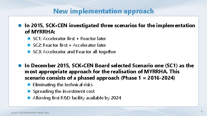 New implementation approach l In 2015, SCK • CEN investigated three scenarios for the